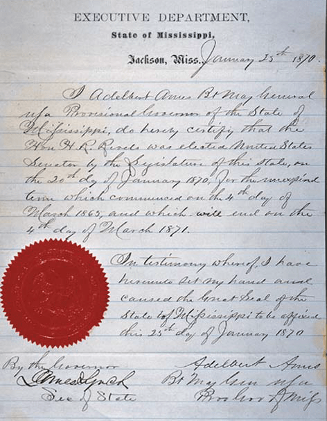 Credentials_for_Senator_Hiram_Rhodes_Revels_of_Mississippi,_the_first_African_American_to_serve_in_the_Senate,_January_25,_1870.